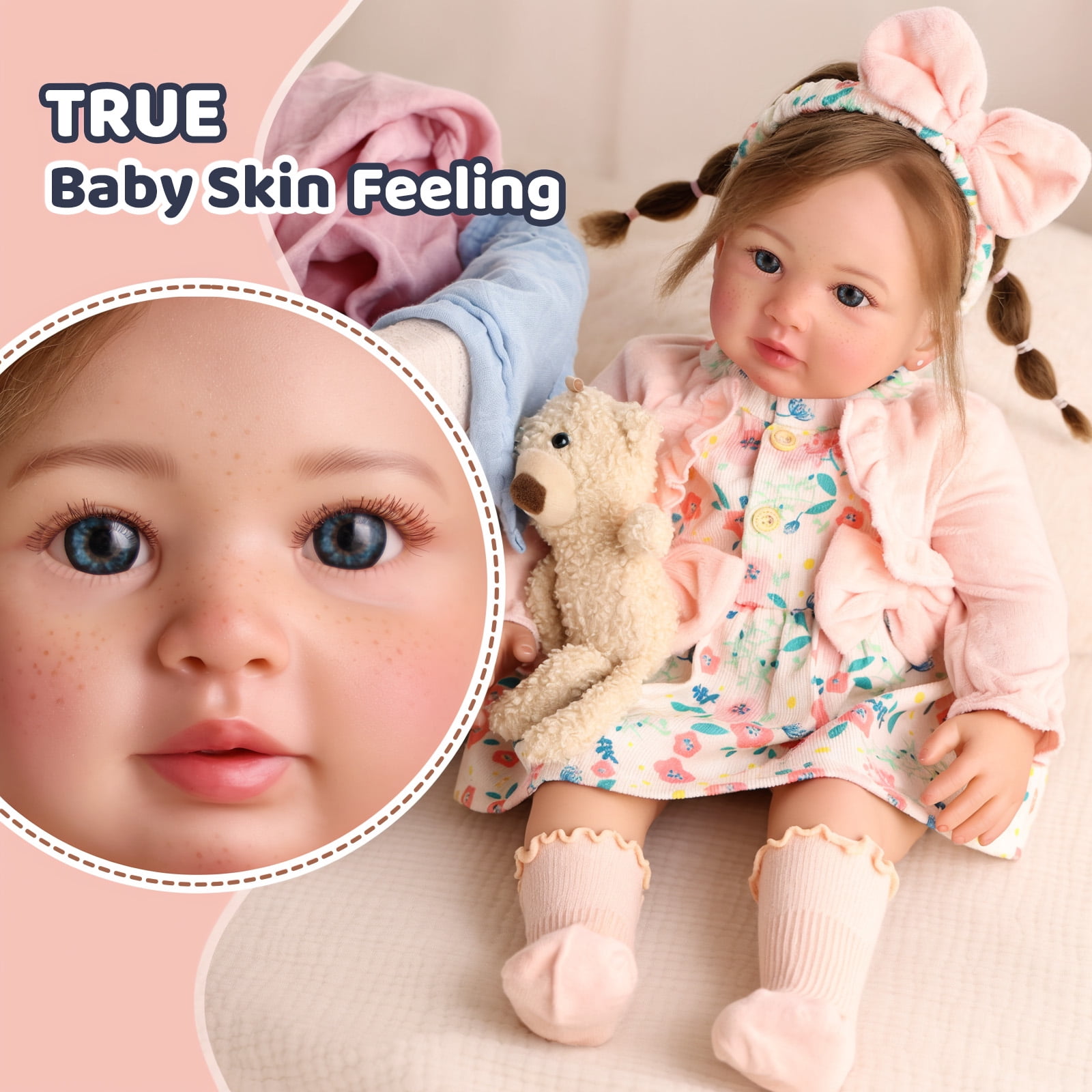 RSG Lifelike Reborn Baby Dolls Candy - 22 InchBaby Doll Brown Hair Girl Handmade Real Life Toddler Dolls with Clothes and Toy Accessories Gift for Kids Age 3+