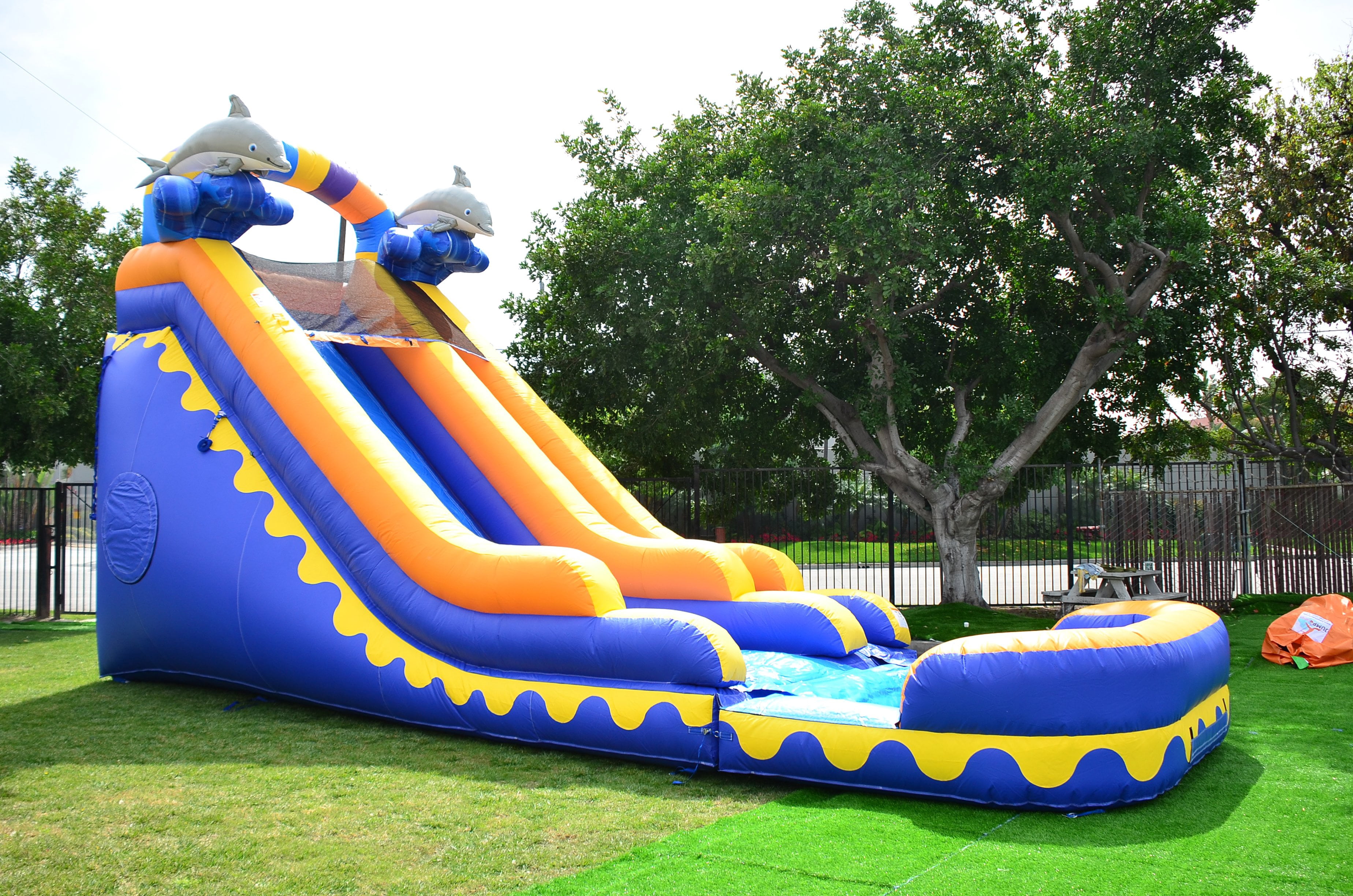 JumpOrange 18’ Dolphin Splash Commercial Grade Water Slide with Attached Deep Pool for Kids and Adults (with Blower), Outdoor Inflatable, Summer, Wet Dry Slide, Rental Quality