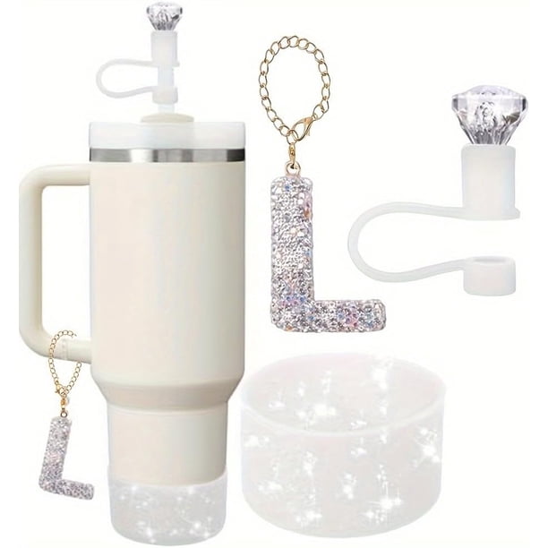 Juego de Accesorios de 3 Piezas para Taza Stanley - Tapa de Popote con Diamante, Cubierta de Base Antideslizante Brillante, Cadena de Letras Brillantes para Vasos de Stanley de 40Oz, 30Oz, 20Oz