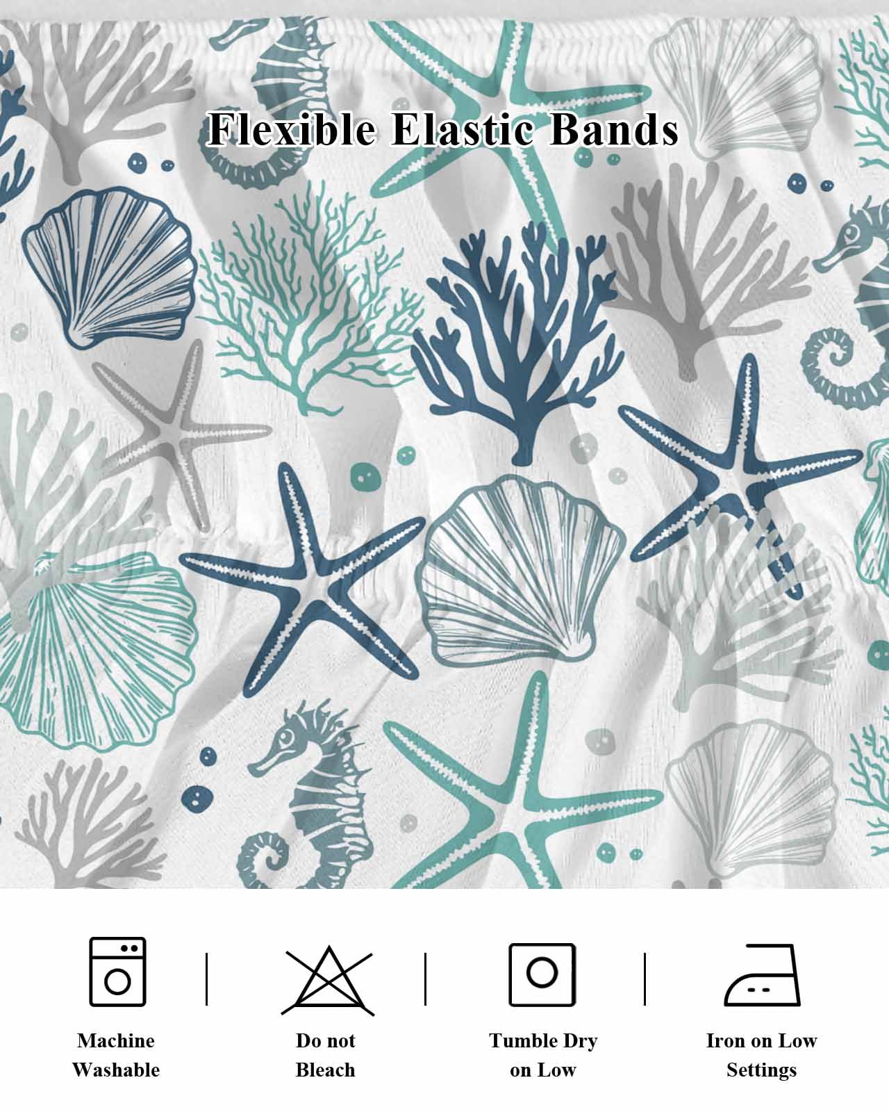Blue Teal Coastal Bed Skirt Queen Size, Summer Beach Starfish Coral Nautical Wrap Around Bed Skirting with Adjustable Elastic Strap, Dust Ruffle Pleated Bedskirts 16 Inch Drop for Bedroom Queen Beds
