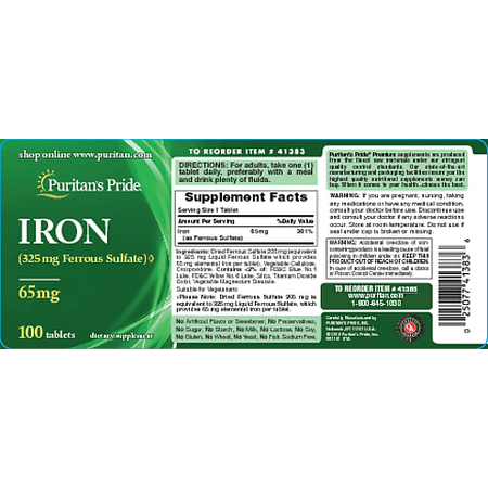 Puritan's Pride Iron Ferrous Sulfate 65 mg - 100 Tablets