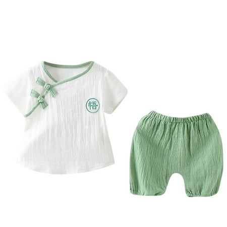 

GWAABD Girls Clothing Set Green Toddler Kids Baby Girls Cotton Linen Button Tops +Solid Shorts Pants Outfits 80