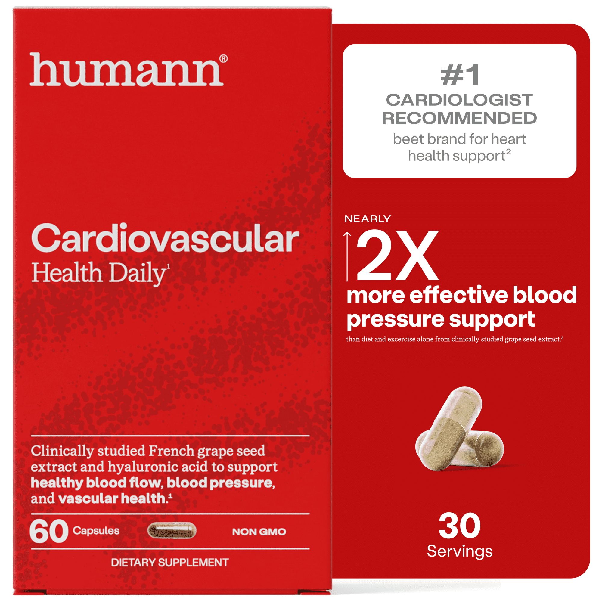 Humann Cardiovascular Health Daily, 4-in-1 Vascular & Blood Pressure Support, Grape Seed Extract & Hyaluronic Acid Circulation Supplement, Plant-Based Non-GMO, 60 Capsules