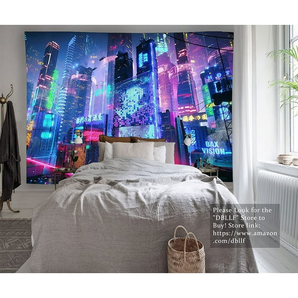 CPDD Punk Art Poster Tapestry Japanese Cityscape Futuristic Tapestry Extra Large 100 x 90 Flannel Art Tapestries Sci Fi Street Art Night View Wall