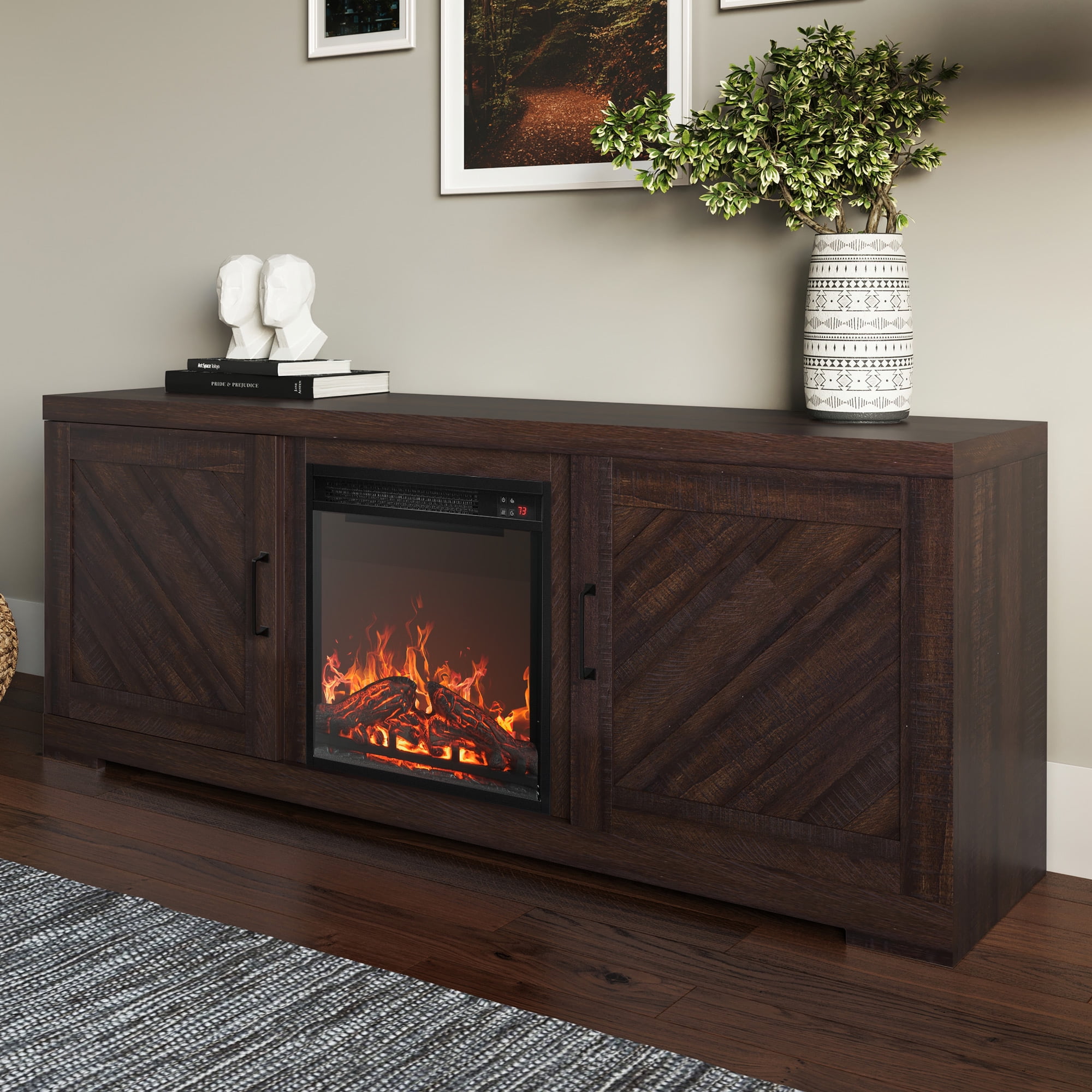 BELLEZE 58" Farmhouse TV Stand Media Entertainment Center For TVs up to 65" with 18" Fireplace - Hilo (Espresso)