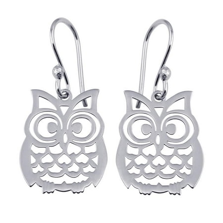 All In Stock Rhodium Plated Sterling Silver Dangling Flat Owl Earrings All In Stock Rhodium Plated Sterling Silver Dangling Flat Owl Earrings