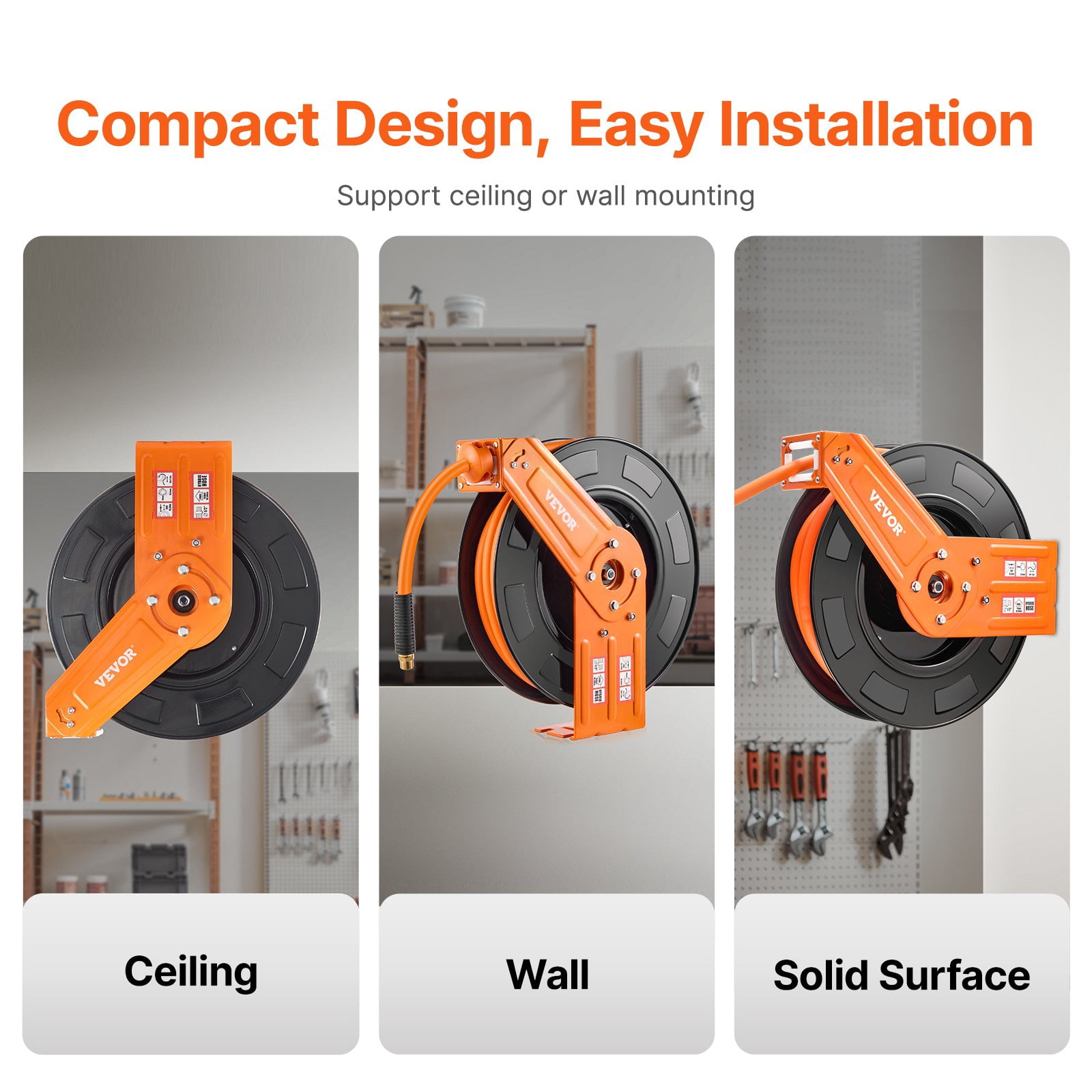 VEVOR Retractable Air Hose Reel, 1/2 IN x 50 FT Hybrid Air Hose Max 300PSI, Air Compressor Hose Reel Auto-Rewind with 5FT Lead in, Ceiling/Wall Mount Heavy Duty Single Arm Steel Reel, 1/2" NPT Fittin
