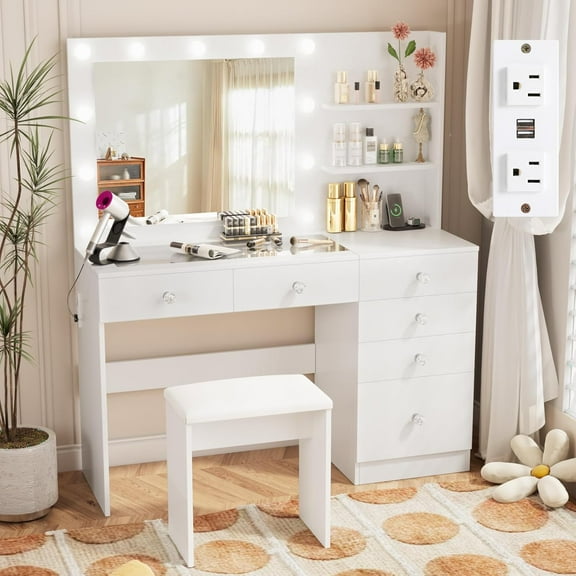 VOWNER 47" Bedroom Vanity w/Lights - Glass Top, 6 Drawers, 3 Shelves/Outlet, Adjustable Brightness   Stool