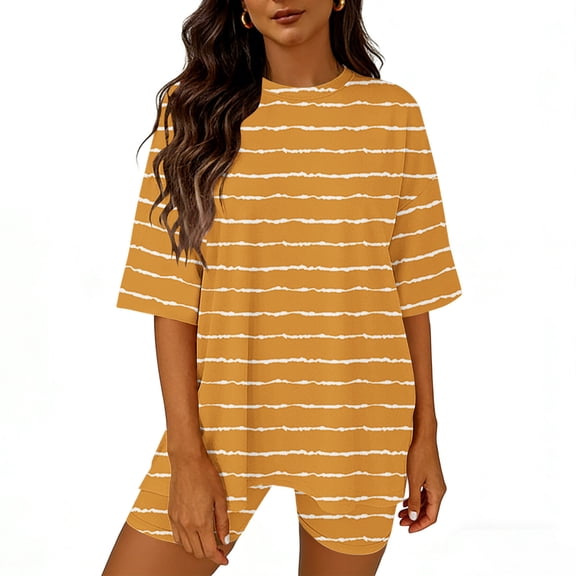 Mifsaly 2 Piece Short Sets for Women Striped Summer Matching Lounge Set Oversized T-Shirt and Shorts Loose Comfortable Everyday Loungewear XXL