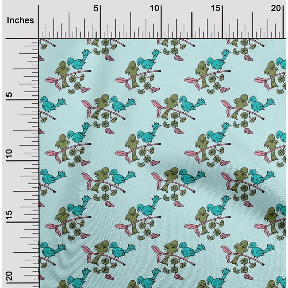 oneOone Polyester Lycra Fabric Leaves|Bird & Floral Block Decor Fabric Printed BTY 56 Inch Wide