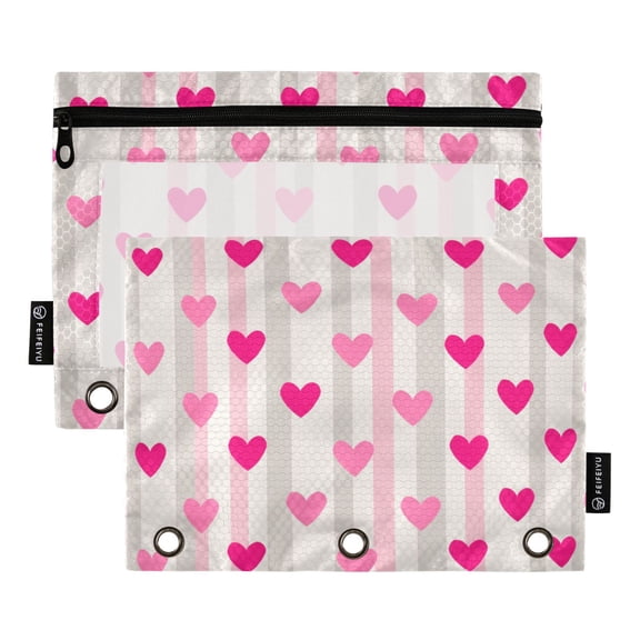2 Pack 3 Ring Binder Pouch with Clear PVC Window Water Resistant Zipper Pencil Pouch Neutral Pink Love Pattern Binder Pocket for Classroom Office Home Stationery Organization