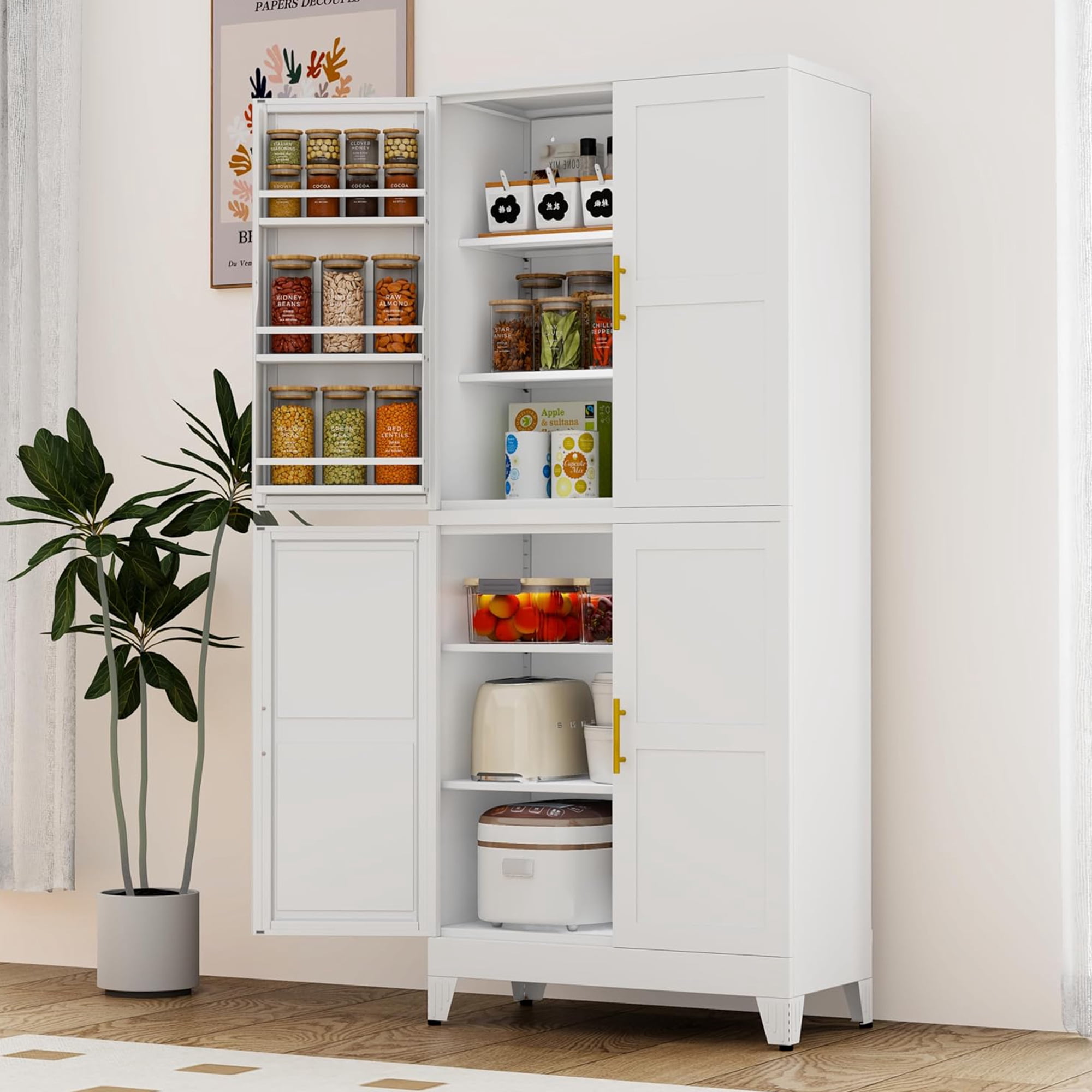 Ero Tall Steel Pantry Cabinet with 4 Doors and Adjustable Shelves for Kitchen Storage White