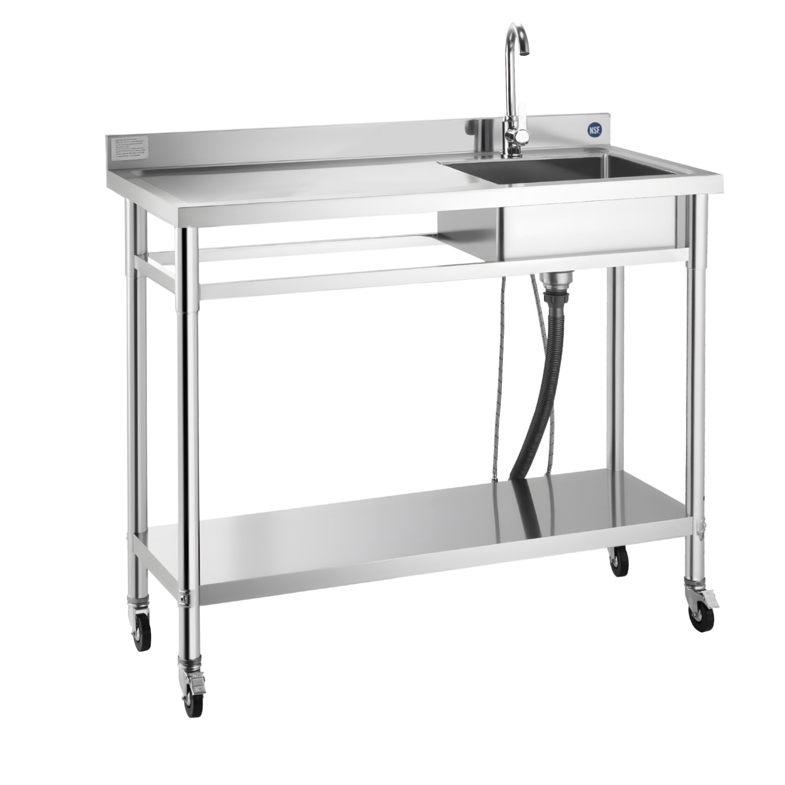 KFFKFF Stainless Steel Utility Sink with Wheels, Mobile Single Bowl Sink for Commercial Kitchens, Includes Faucet and Hot & Cold Water Pipes, Multipurpose Workstation for Garage, Restaurant