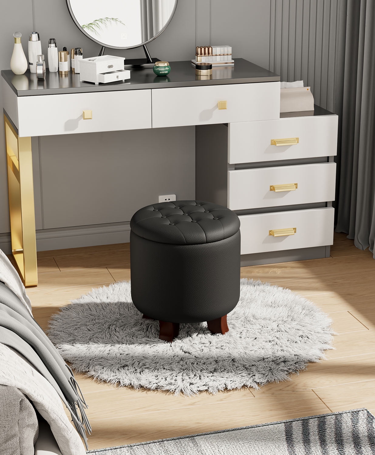 OSM Ottoman,Round Leather Foot Rest Stool, Upholstered Small Ottoman Chair with Storage for Living Room & Bedroom, Decorative Home Furniture, Black