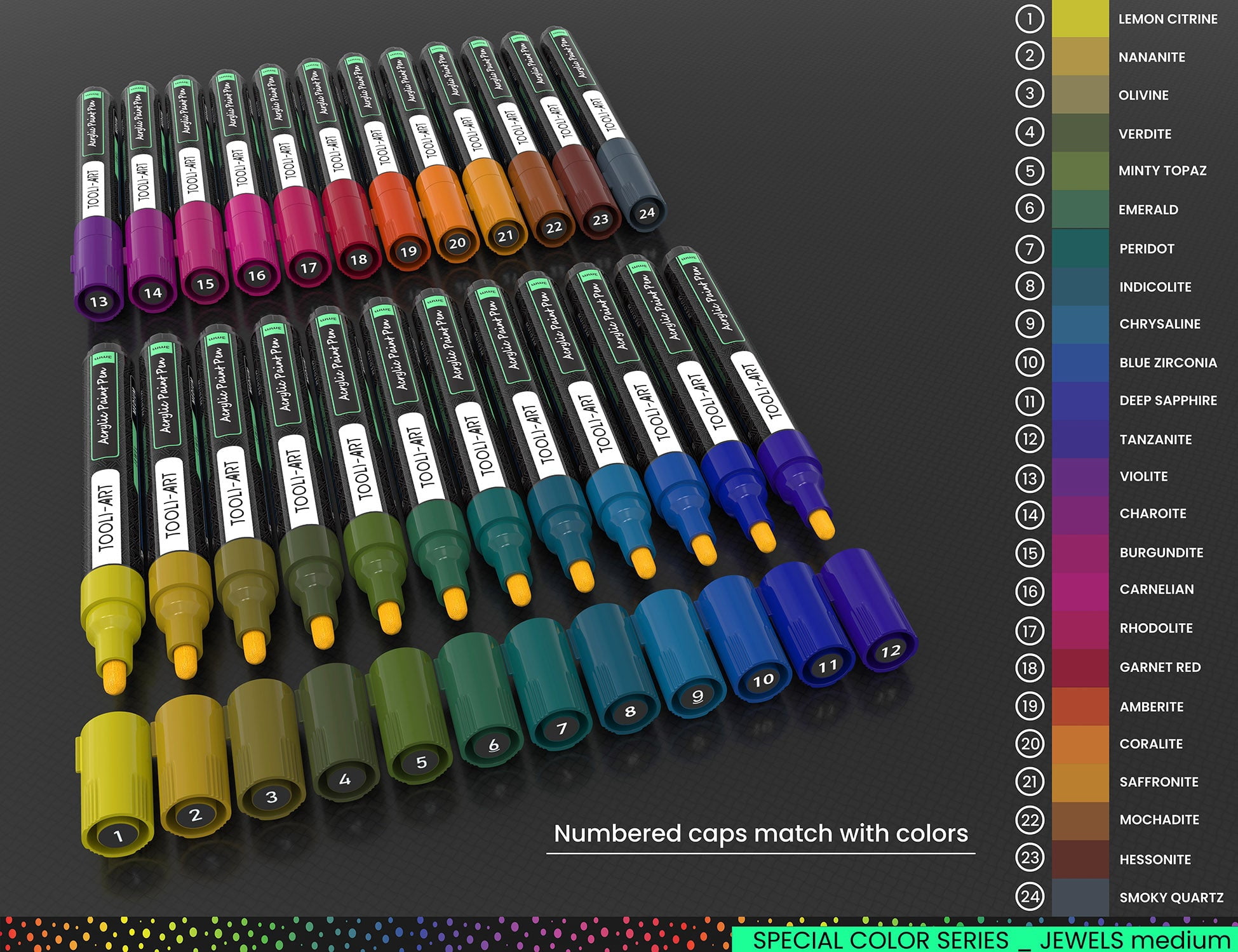 24 Jewel Dark Tones Acrylic Paint Pens Special Color Series Markers Set (3mm MEDIUM)