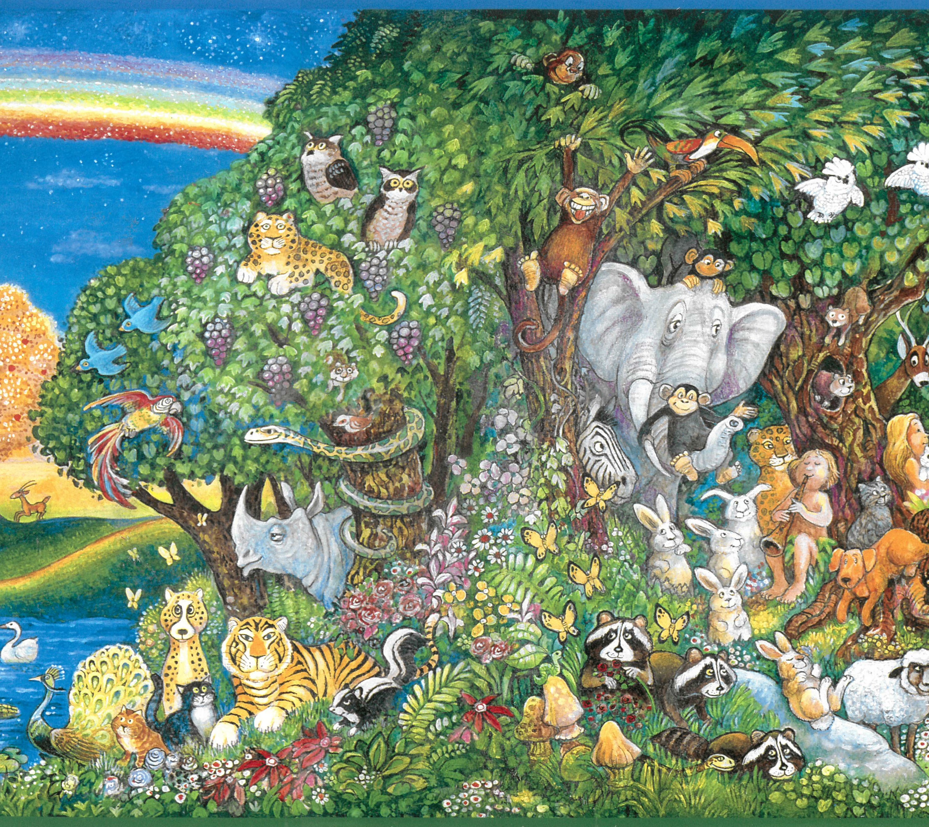 Dundee Deco Prepasted Wallpaper Border - Blue, Green, Red, Yellow Animals Paradise, 15 ft x 9 in