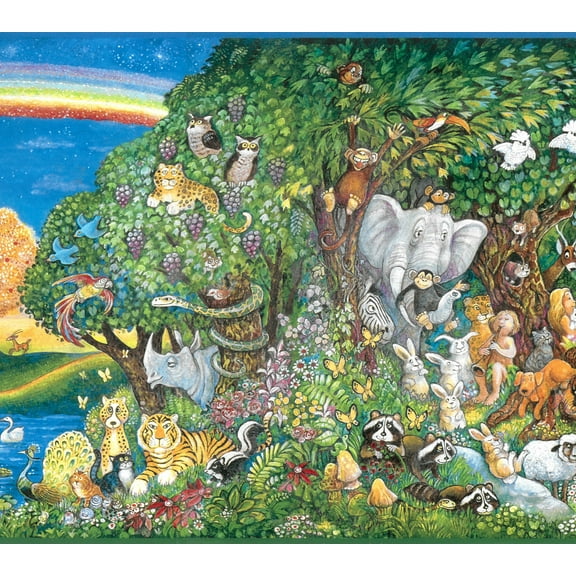 Dundee Deco Prepasted Wallpaper Border - Blue, Green, Red, Yellow Animals Paradise, 15 ft x 9 in