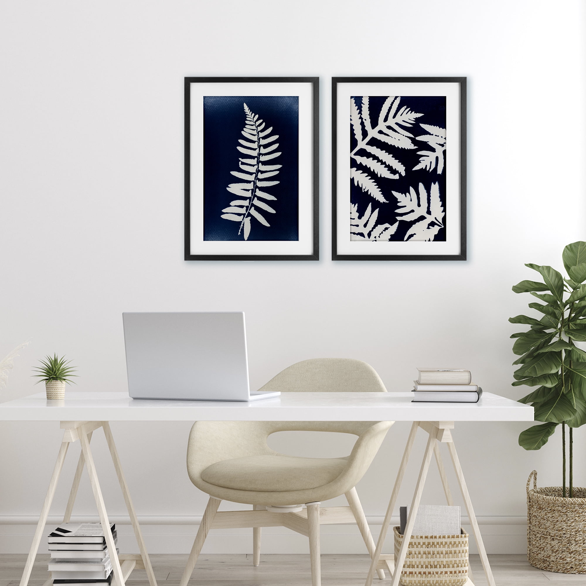 Stupell Industries Fern Leaves on Indigo 2 Piece Black Framed Print Under Glass Set, design by Lynn Byrd