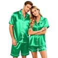thumbnail image 2 of VV AVEORS Satin Matching Pajamas For Couples Silk Button Down Pjs Set Women/Men Short Sleeve Soft Sleepwear 2 Pcs Loungewears Green XL, 2 of 8