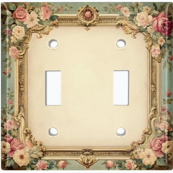 Metal Light Switch Wall Plate Outlet Cover (Printed Image of Vintage Frame with Flowers - Double Toggle)