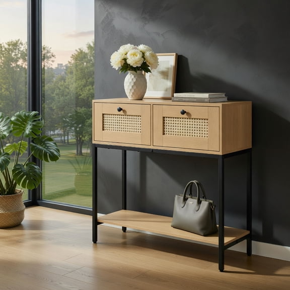 Topcobe Rattan Console Table Boho Entryway Table with 2 Rattan Drawers and Open Storage Shelf, Rectangular Furniture Table for Living Room, Front Hall, Hallway and Foyer
