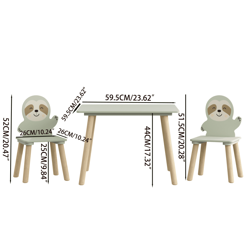 Kids Table and Chair Set with 2 Cute Sloth Chairs, Wooden Toddler Activity Table, Cute Animal Design Play & Study Set for Playroom, Bedroom, Classroom – Sage Green