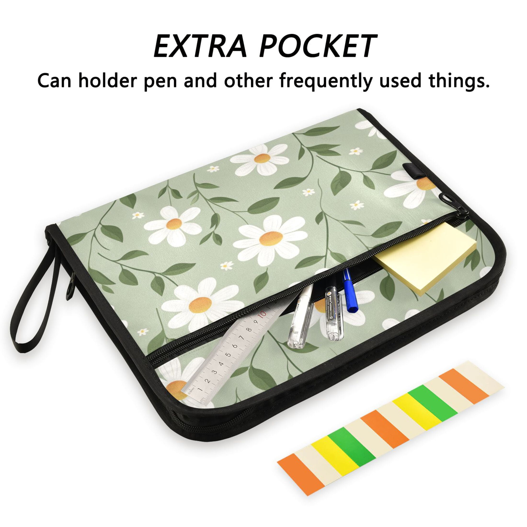 WOBOGO A Seamless Pattern Of White Daisies Expanding File Folder Letter Size Accordion Filing Organizer 13 Pocket Separate Organ Pocket