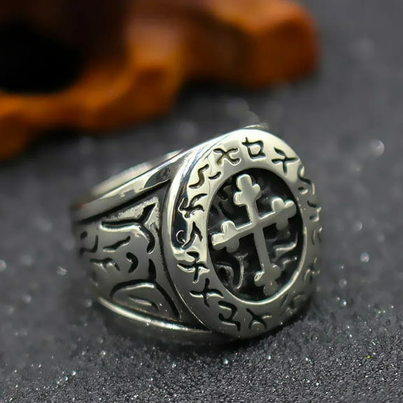 Lordluxury Classic Lorraine Cross Ring For Men Retro Orthodox 14K White Gold Cross Signet Rune Ring Punk Fashion Biker Jewelry Gift