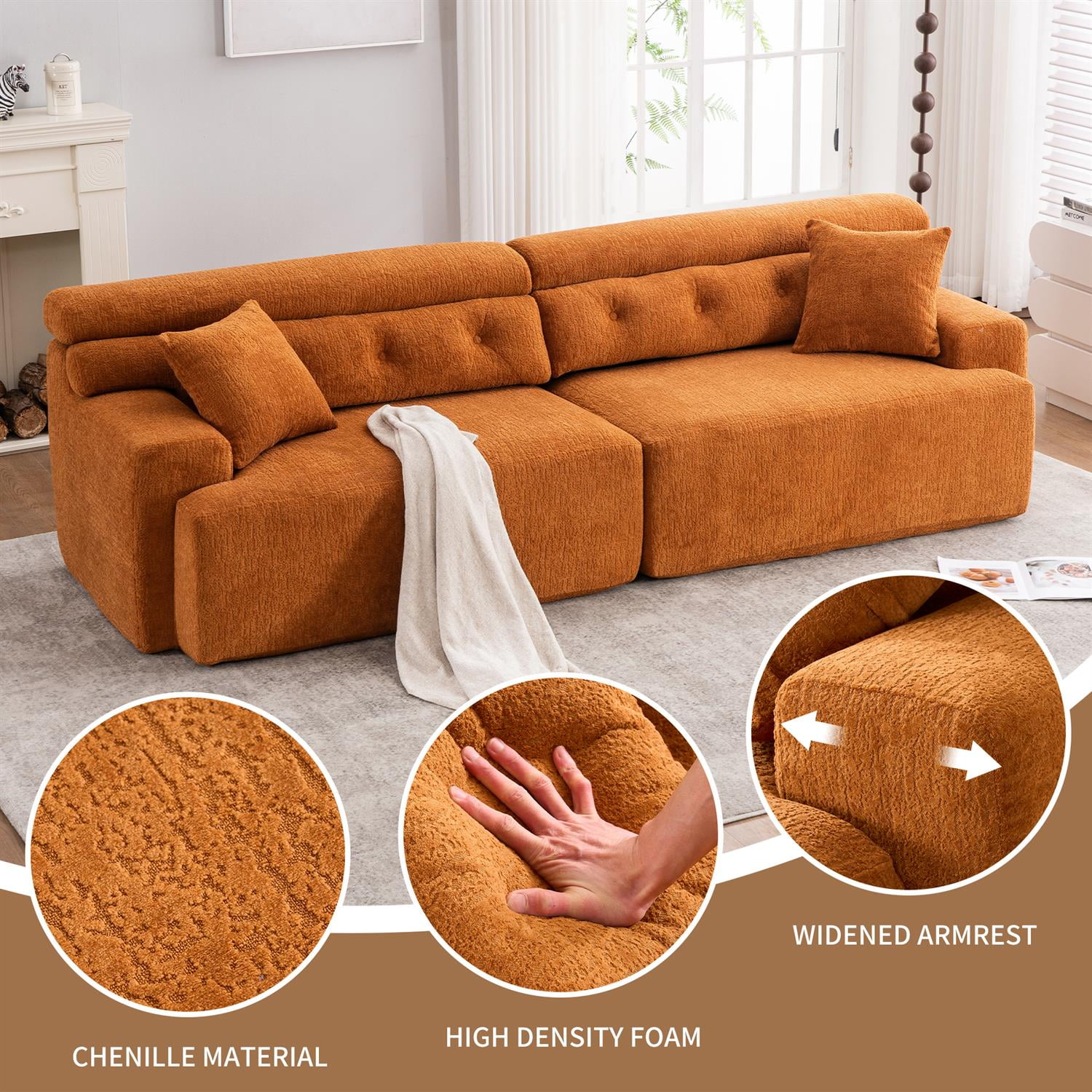 Demi Bonn 103" 4-Seater Compression Sofa Couch with Wood Grain Chenille Fabric, Full Sponge Cushion and 2 Cozy Pillows for Living Room, Orange
