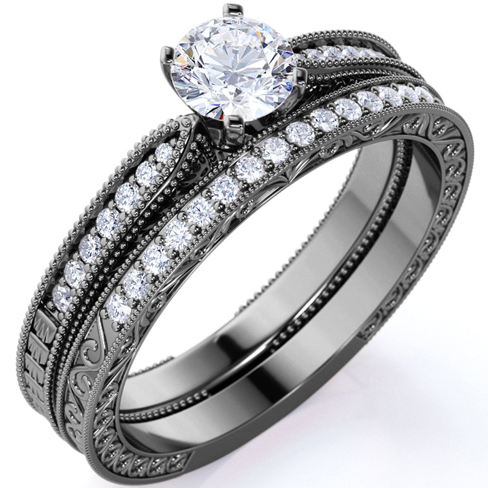 JeenMata .83 ct Round Real Moissanite - Vintage - Milgrain - Edwardian Gothic Wedding Ring Set - 18K Black Gold over Silver