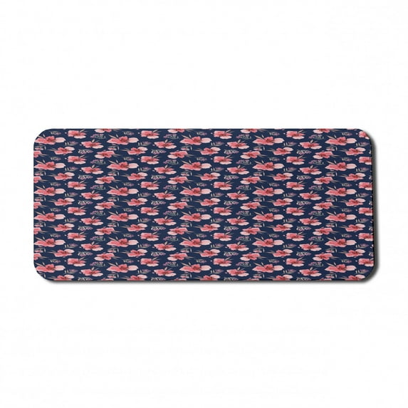 Watercolor Flowers Computer Mouse Pad, Vibrant Blossoms Harvest Season Tropical Accents Shabby Art, Rectangle Non-Slip Rubber Mousepad X-Large, 35" x 15", Indigo Coral Pale Pink, by Ambesonne