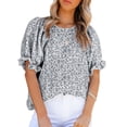 thumbnail image 1 of Blusa de gasa de manga corta para mujer, Camisa holgada de gasa con estampado Floral y cuello redondo elegante a la moda para verano, 1 of 6