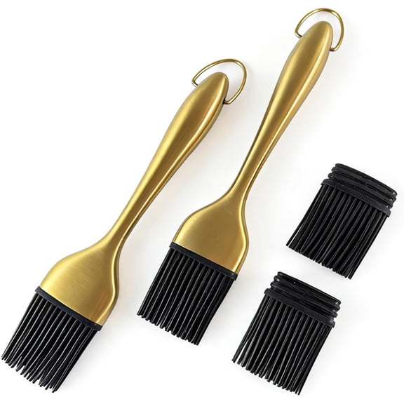 2 Pack Gold Silicone Basting Brush with 2 Replacement Heads, Professional Stainless Steel Handle BBQ Grill Brush, Heatproof & No Shed Pastry Brushes for Kitchen Cooking, Baking