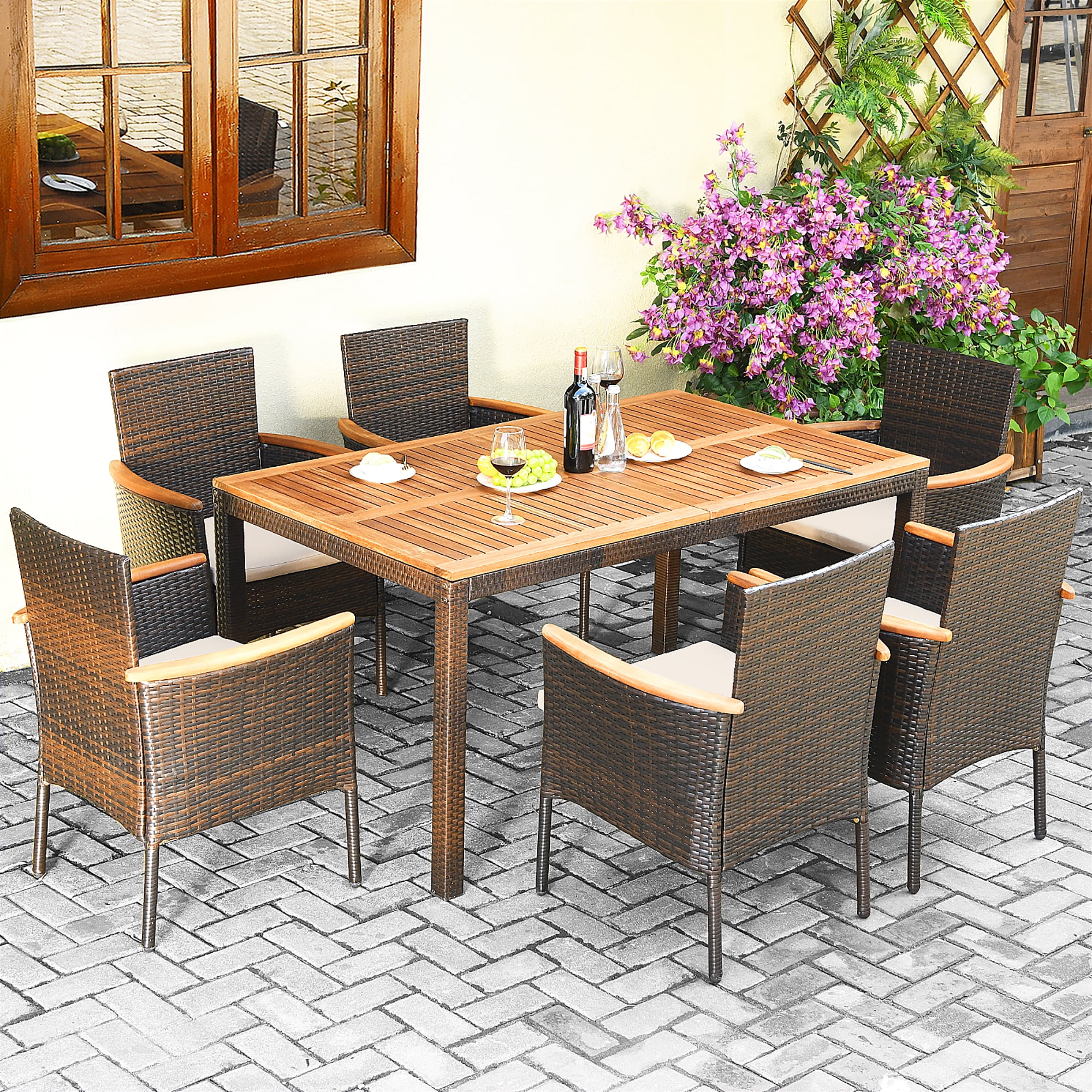 Costway 7pcs Patio Rattan Dining Set, 7pcs Patio Rattan Cushioned Dining Set With Umbrella Hole Cover