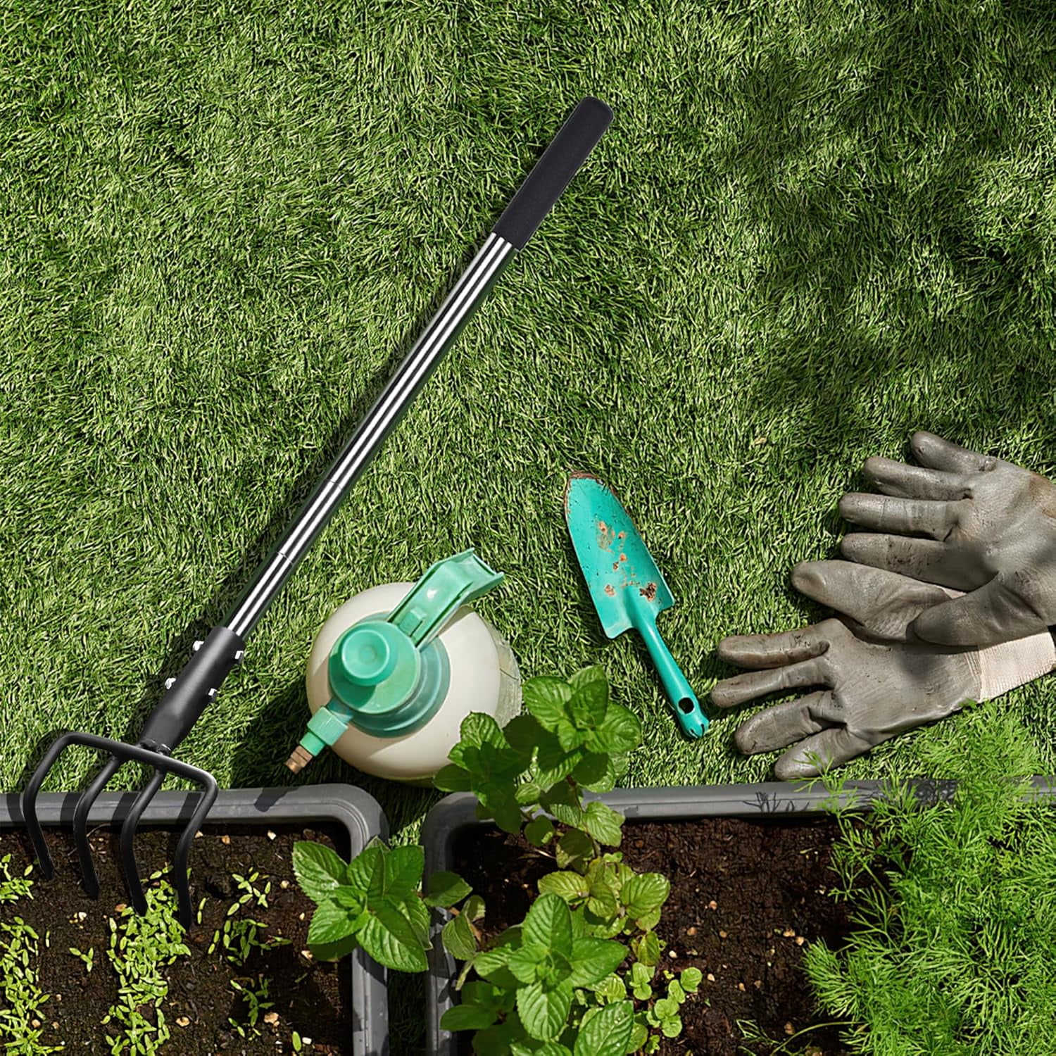 Long Hand Garden Cultivator Carbon Steel Stainless Steel Tiller with Telescopic Handle Soft Grip for Digging Loosening Weeding