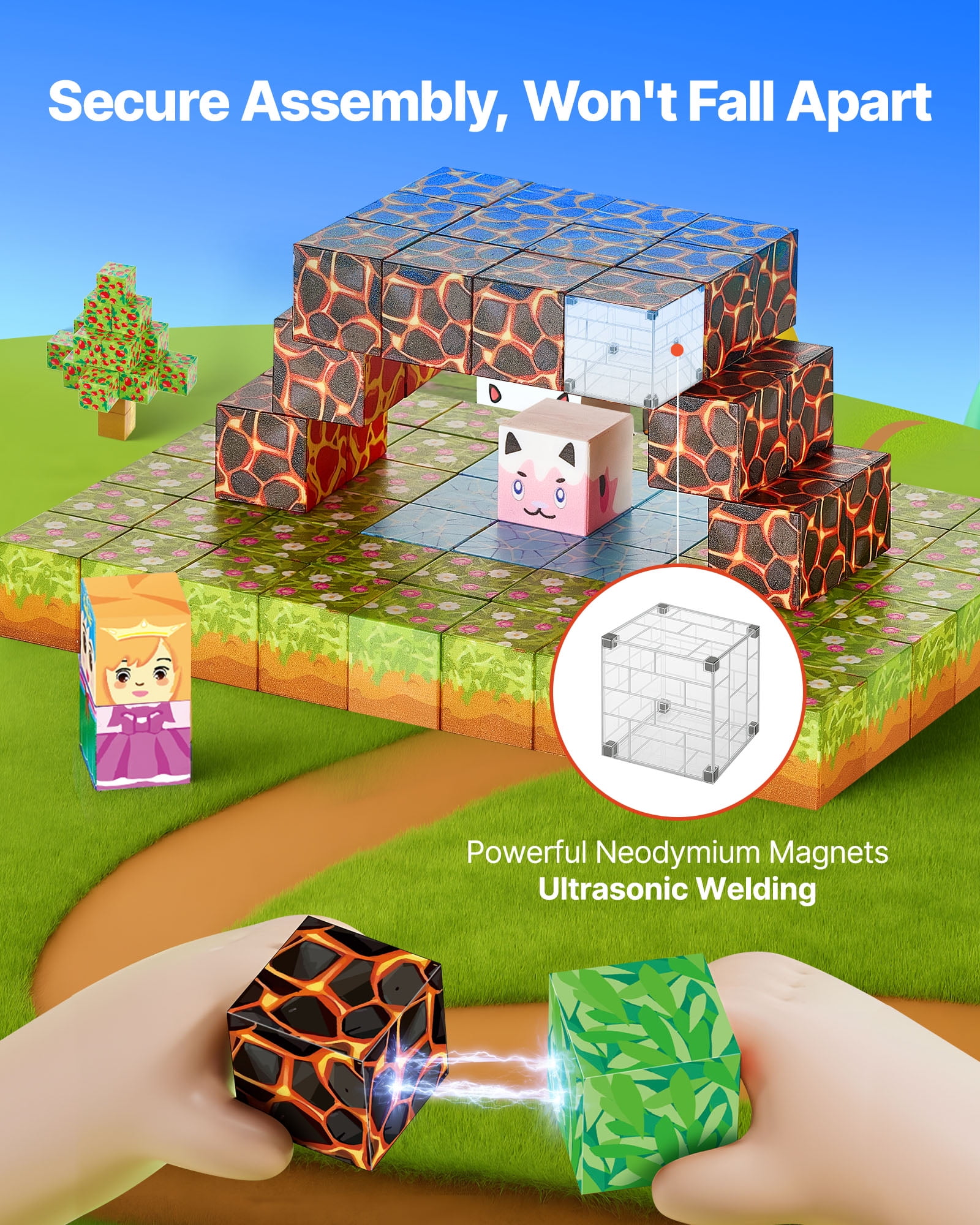 VEVOR Magnetic Blocks, 150 PCS Forest Castle Set, Magnetic Building Cubes for Kids, STEM Montessori Sensory Toys for Christmas Birthday Gift, Construction Stacking Toy for 3+ Years Old Boys & Girls