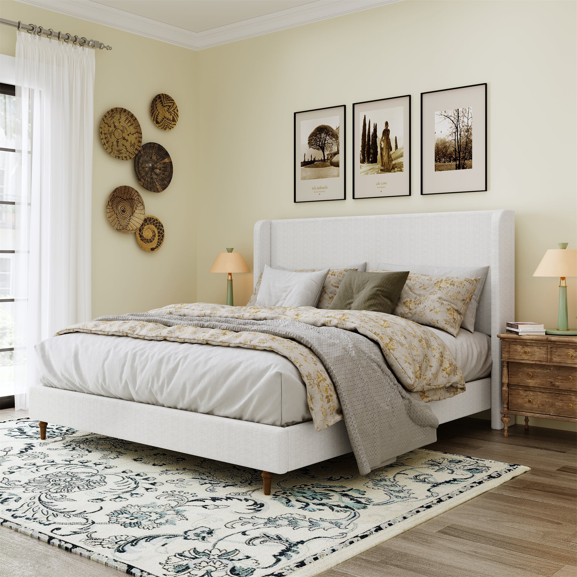 King Size Bed Frame High Headboard Upholstered Platform Bed, Retro Simple Style Platform Bed No Box Spring Needed, Easy Assembly, Ivory