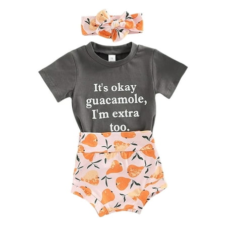

Niuer Baby Loose Letters Printed Summer Outfits Infant Elastic Waist 3Pcs Outfit Suit Bow Design Travel Crew Neck Cute Shorts Tops + Headband