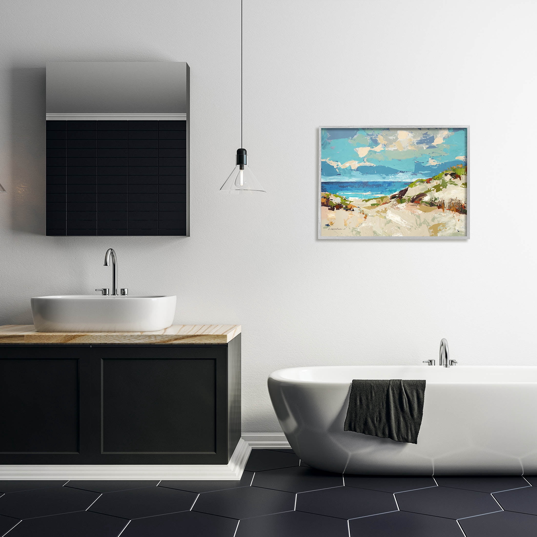 Stupell Industries Modern Beach Landscape Painting Gray Framed Art Print Wall Art, Design by Trevor Copenhaver