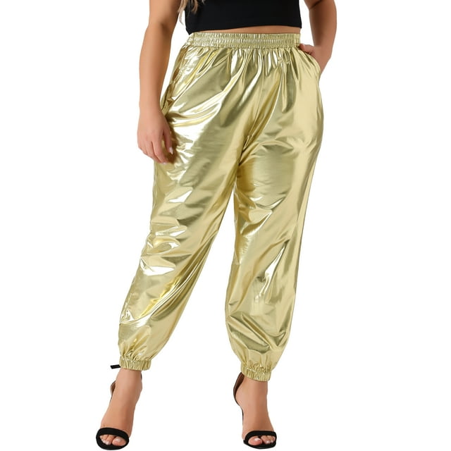 Pantalones jogger de mujer plus size Agnes Orinda, metálicos, brillantes, de cintura alta, elásticos, pantalones holográficos, sudadera 3X dorado