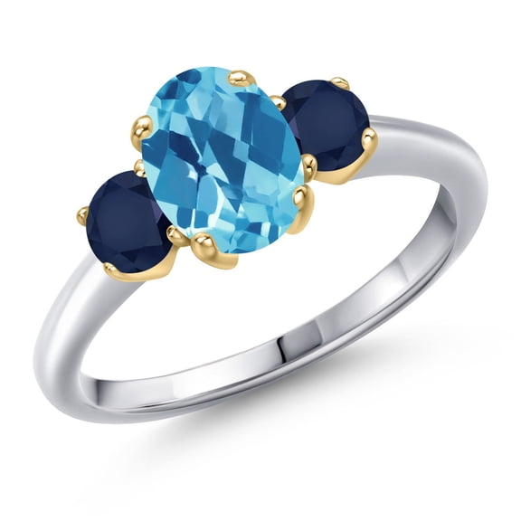 Gem Stone King 925 Silver and 10K Yellow Gold Swiss Blue Topaz and Blue Sapphire Engagement Ring for Women | 2.00 Cttw | Oval Checkerboard 8X6MM | Gemstone November Birthstone | Size 5