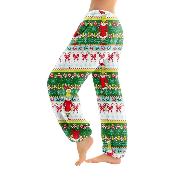 Women's Christmas Print Trousers With Drawstring Cuffs Casual Pants And Pajamas