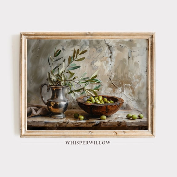 Vintage Olive Bowl And Branches Still Life,, Kitchen And Dining Room Art, Italian European UNFRAMED Poster, Wall Art for Decor, Present, 8x12