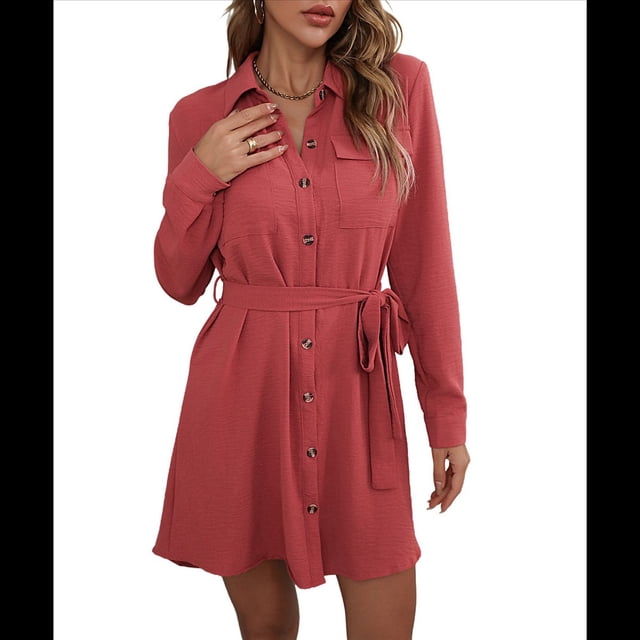 Vestido Camisero de Larga con Botones para Mujer, Informal, Holgado, con Cintura Ajustable y de . Caoba XL