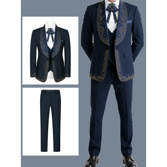 Beauty-Emily Men’s 3-Piece Luxury Rhinestone Suit, Slim Fit Single-Breasted Blazer, Vest & Pants Set, Formal Attire for Prom, Wedding, Party & Banquet