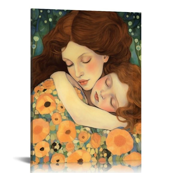 COMIO Mother Love Twin Baby Canvas Paintings Wall Art Decor for Living Room Gustav Klimt Nordic Style Posters Printing Pop Art Pictures Stretched and Framed Ready to Hang Home Decoration16x20 in