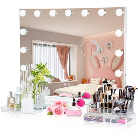 

Leeten Hollywood Vanity Mirror with 15 Dimmable LED Bulbs Large Desk Makeup Mirror with Lights and Smart Touch Control for Dressing Room & Bedroom Tabletop or Wall-Mounted