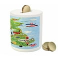thumbnail image 3 of Wanderlust Piggy Bank, Cartoon Maps of Britain and Ireland Landmarks Illustration, Ceramic Coin Bank Money Box for Cash Saving, 3.6" X 3.2", Pale Blue Apple Green, by Ambesonne, 3 of 4