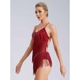 thumbnail image 4 of iiniim Womens Rhinestone Shiny Tassel Gymnastics Leotard Fringe Latin Jazz Cha Cha Dance Costume Burgundy XXL, 4 of 7