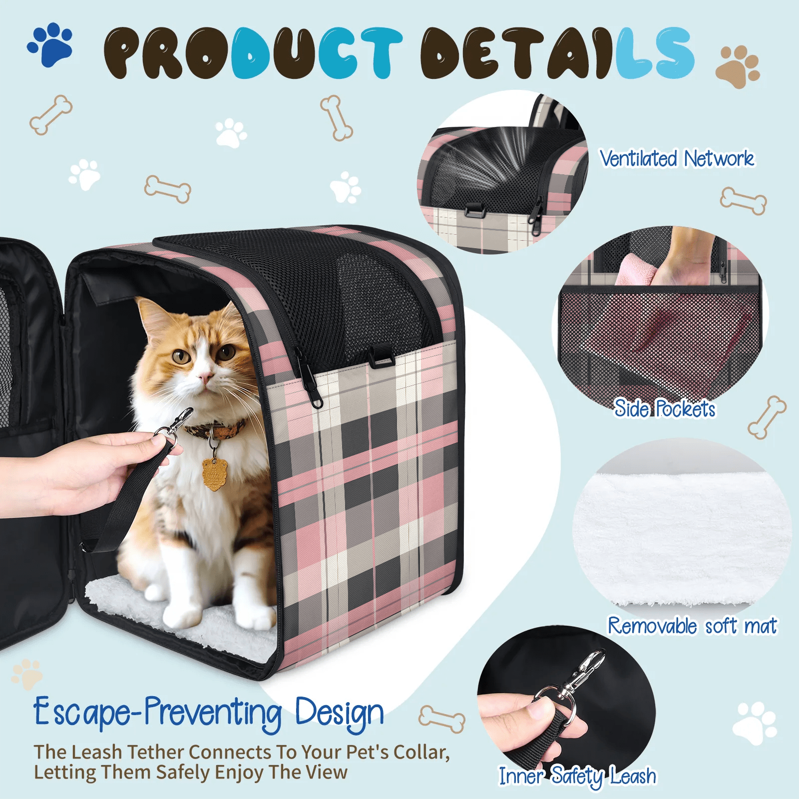 Breathable Cat Backpack Carrier for Small Cat & Dog up to 13 lb,Soft Sided Dog Backpack Carrier for Hiking, Walking, Travel,Pink Plaid Design